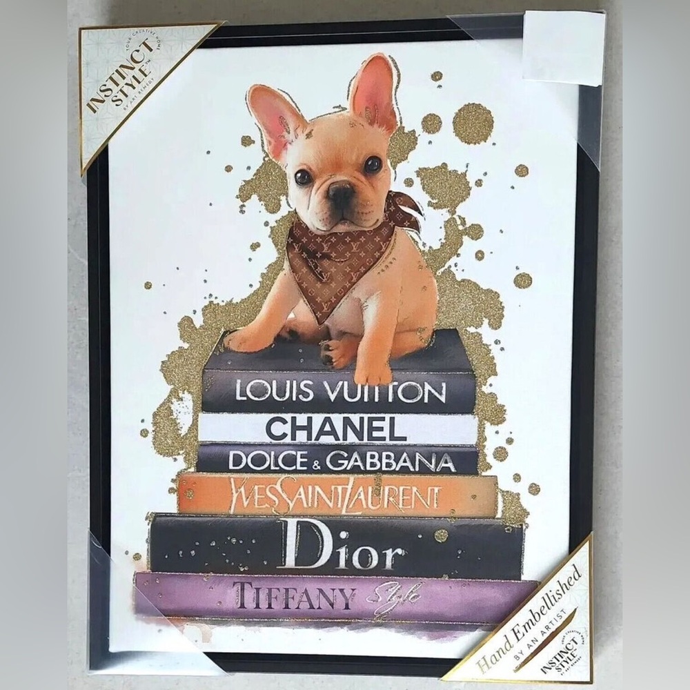 Inspired nwt fashion art Hand Embellished with Dog and Gold Accents 14 x 11